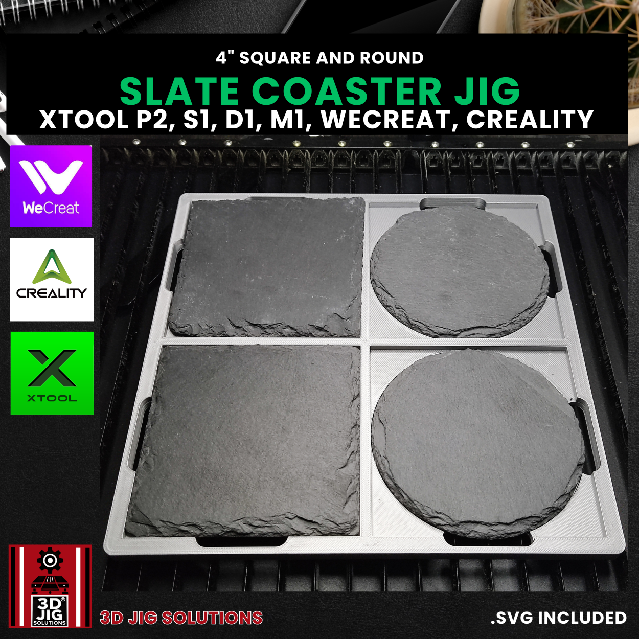 Diode & CO2 Laser Jig for 4" Round & Square Slate Coasters | 4 or 6 Slots - Image 3