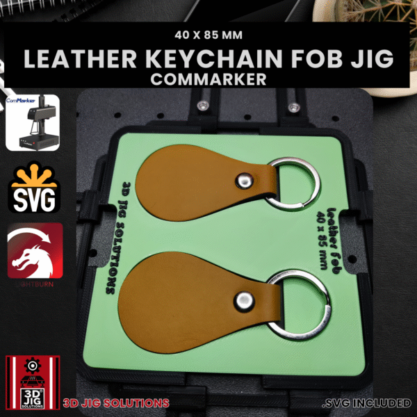 Examples of finished PU leather keychains engraved using the ComMarker jig.