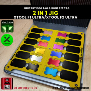A top-down view of the xTool F1 Ultra 2-in-1 Jig holding a mix of blank bone-shaped pet tags and rectangular military dog tags.