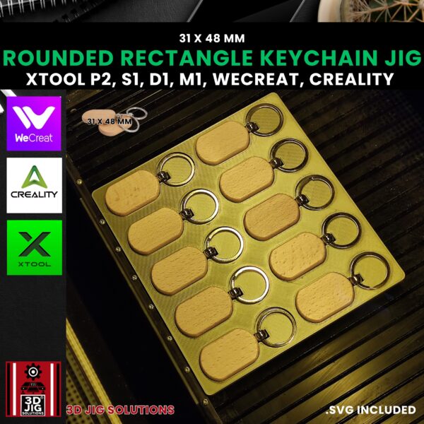 Diode & CO2 Laser Jig for Rounded Rectangle Wood Keychains - Bamboo Key Rings Template (xTool, WeCreat, Creality) - Image 3