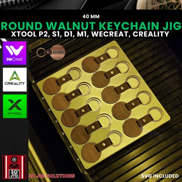 Diode & CO2 Laser Jig for Round Walnut Keychains - Wood Keyrings Template (xTool, WeCreat, Creality) - Image 3