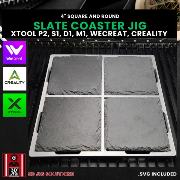 Diode & CO2 Laser Jig for 4" Round & Square Slate Coasters - Includes SVG File (xTool, WeCreat, Creality) - Image 2