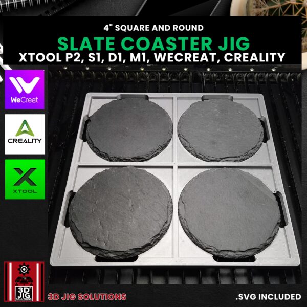 Diode & CO2 Laser Jig for 4" Round & Square Slate Coasters - Includes SVG File (xTool, WeCreat, Creality) - Image 3