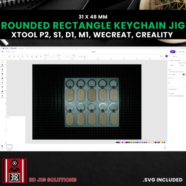 Diode & CO2 Laser Jig for Rounded Rectangle Wood Keychains - Bamboo Key Rings Template (xTool, WeCreat, Creality) - Image 4
