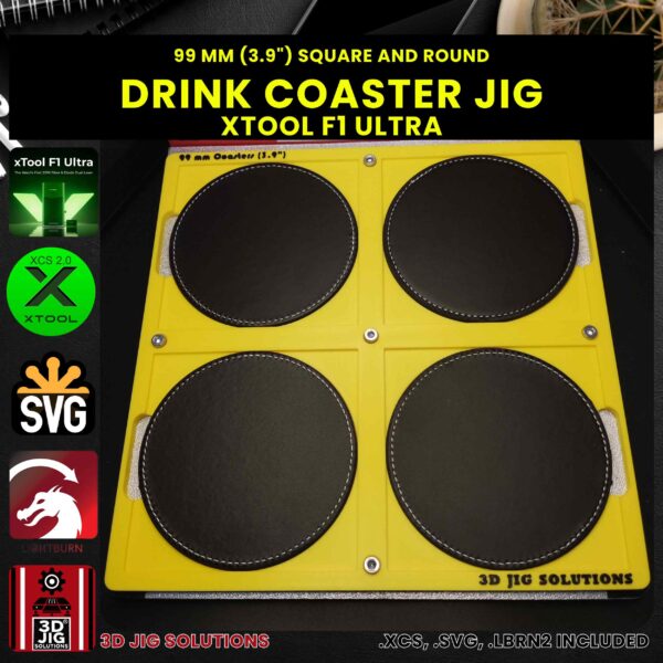 xTool F1 Ultra Laser Jig for Drink Coasters - 99mm Round & Square Wood or Faux Leather Template - Image 2