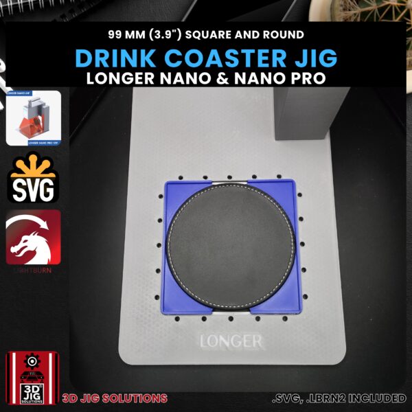 Longer Nano Pro Laser Jig for Drink Coasters - 99mm Round & Square Wood/Faux Leather Template - Image 3