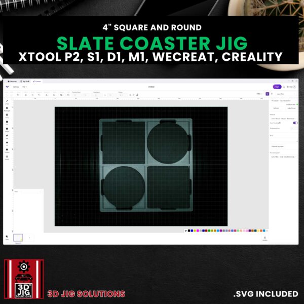 Diode & CO2 Laser Jig for 4" Round & Square Slate Coasters - Includes SVG File (xTool, WeCreat, Creality) - Image 4