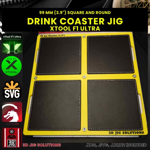 xTool F1 Ultra Laser Jig for Drink Coasters - 99mm Round & Square Wood or Faux Leather Template - Image 3