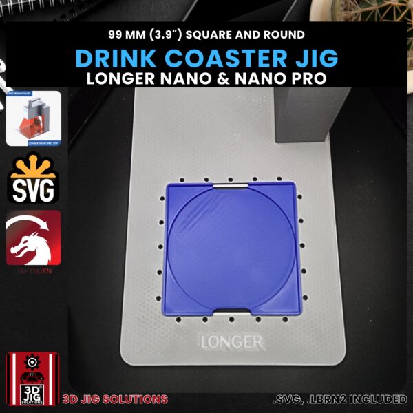 Longer Nano Pro Laser Jig for Drink Coasters - 99mm Round & Square Wood/Faux Leather Template - Image 4