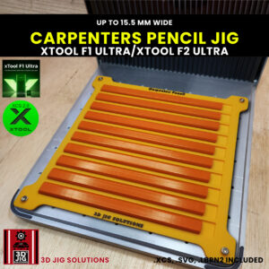 xTool F1 Ultra laser jig securely holding wide carpenter pencils with an xTool F1 Ultra laser nearby.
