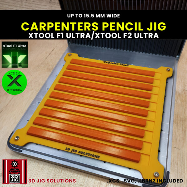 xTool F1 Ultra laser jig securely holding wide carpenter pencils with an xTool F1 Ultra laser nearby.