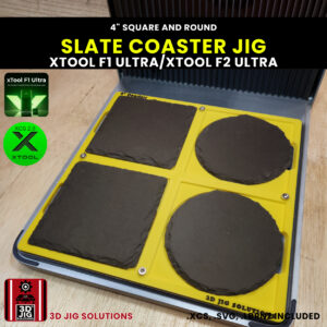 A top-down view of the xTool F1 Ultra Slate Coaster Jig loaded with blank 4-inch round and square slate coasters.