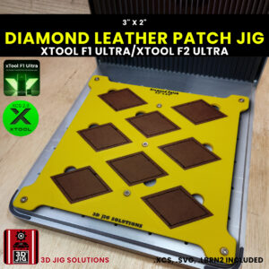 A top-down view of the xTool F1 Ultra Diamond Patch Jig holding multiple blank diamond-shaped leatherette patches.