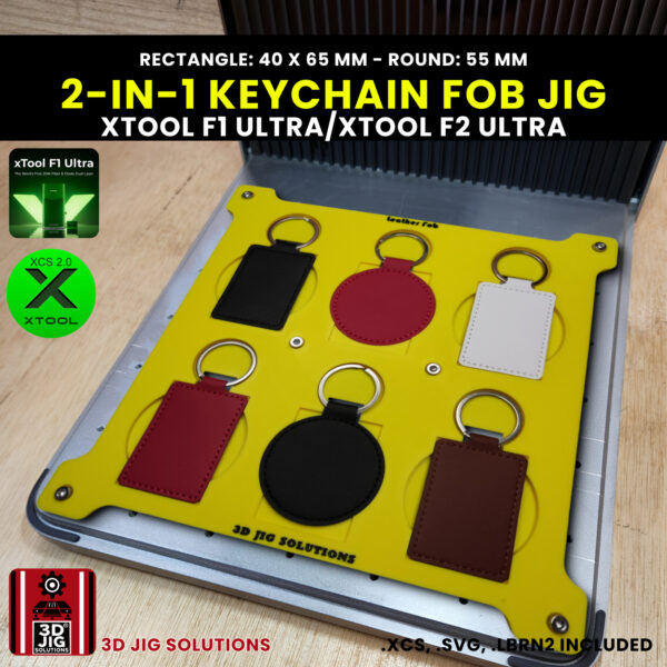 A top-down view of the xTool F1 Ultra Leather Keychain Jig holding both round (55mm) and rectangular (40x65mm) blank leather key fobs.