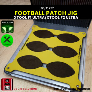 A top-down view of the xTool F1 Ultra Football Patch Jig loaded with blank 3-1/2" x 2" football-shaped leatherette patches.
