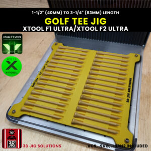 A top-down view of the xTool F1 Ultra Golf Tee Jig loaded with various length golf tees