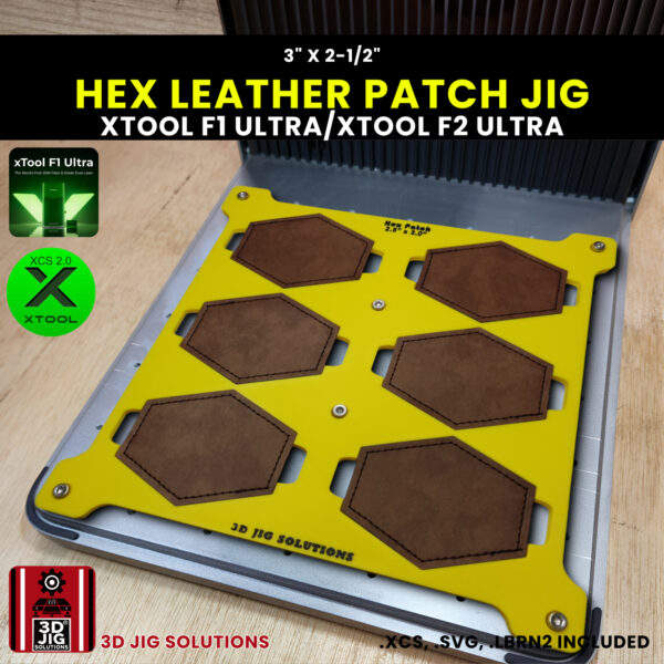 A top-down view of the xTool F1 Ultra Hex Patch Jig holding multiple blank hexagonal leatherette patches.
