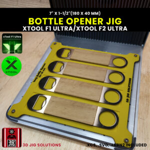 A top-down view of the xTool F1 Ultra Bottle Opener Jig loaded with sample leather and wood bottle openers