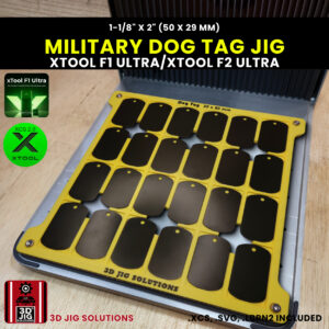 A top-down view of the xTool F1 Ultra Military Dog Tag Jig loaded with multiple blank 50x30 mm aluminum metal tags.