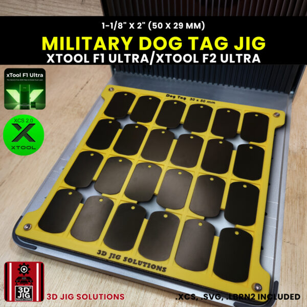 A top-down view of the xTool F1 Ultra Military Dog Tag Jig loaded with multiple blank 50x30 mm aluminum metal tags.