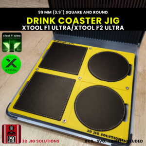 A top-down view of the xTool F1 Ultra Drink Coaster Jig loaded with blank round PU leather and square wood coasters.