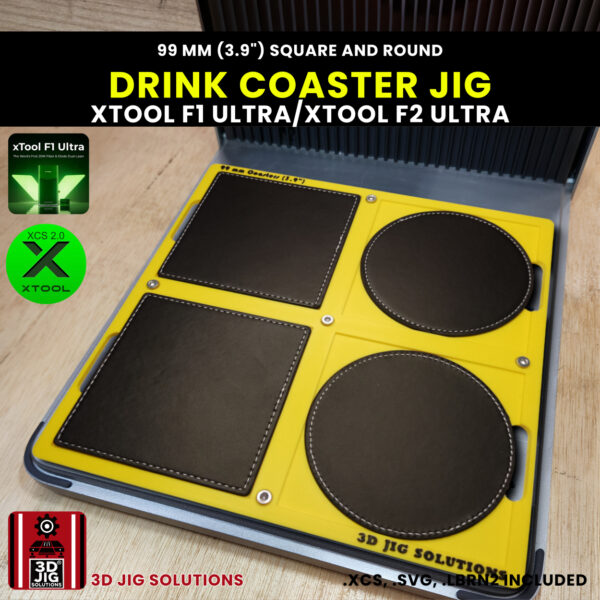 A top-down view of the xTool F1 Ultra Drink Coaster Jig loaded with blank round PU leather and square wood coasters.