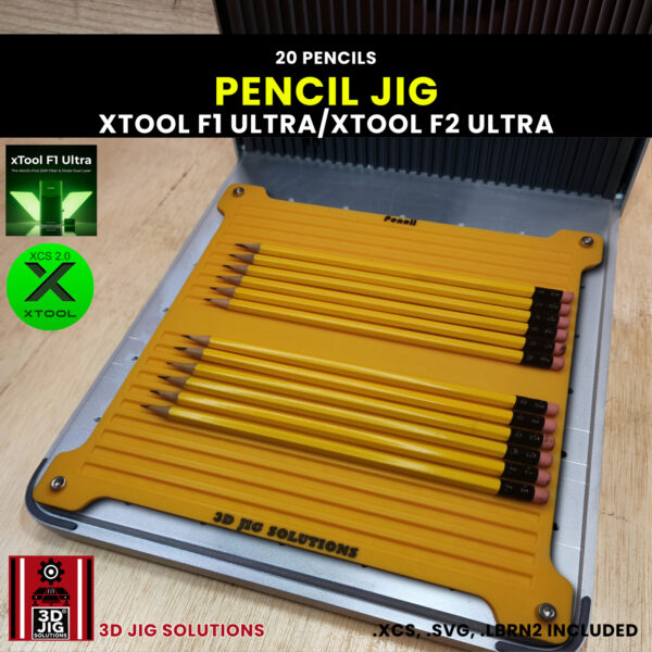 A top-down view of the xTool F1 Ultra Pencil Jig loaded with multiple blank hexagon pencils.