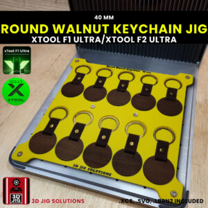 A top-down view of the xTool F1 Ultra Round Walnut Keychain Jig holding 10 blank 40mm round walnut wood keychains.