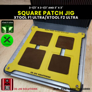 A top-down view of the xTool F1 Ultra Square Patch Jig loaded with both 2.5" x 2.5" and 3" x 3" square leatherette patches.