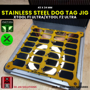 A top-down view of the xTool F1 Ultra Stainless Steel Dog Tag Jig loaded with 28 blank metal military tags