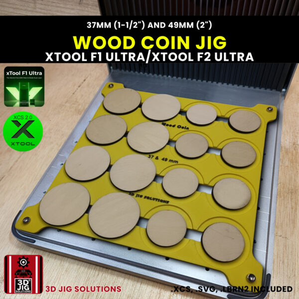 A top-down view of the xTool F1 Ultra Wood Coin Jig holding a mix of blank 37 mm and 49 mm wood coins/tokens.