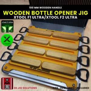 A top-down view of the xTool F1 Ultra Bottle Opener Jig loaded with 8 wooden-handled bottle openers.