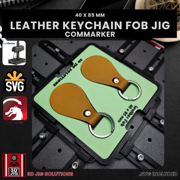 ComMarker laser jig securely holding a PU leather keychain for engraving.