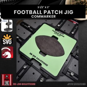 ComMarker laser jig securely holding football-shaped leatherette hat patches with a ComMarker laser nearby.