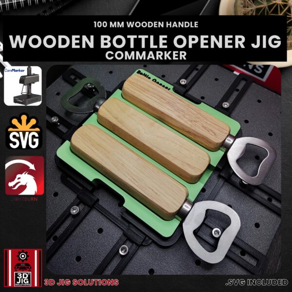 Wooden bottle opener held firmly in the ComMarker laser jig.