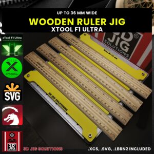 xTool F1 Ultra laser jig securely holding several wood school rulers with an xTool F1 Ultra laser nearby.