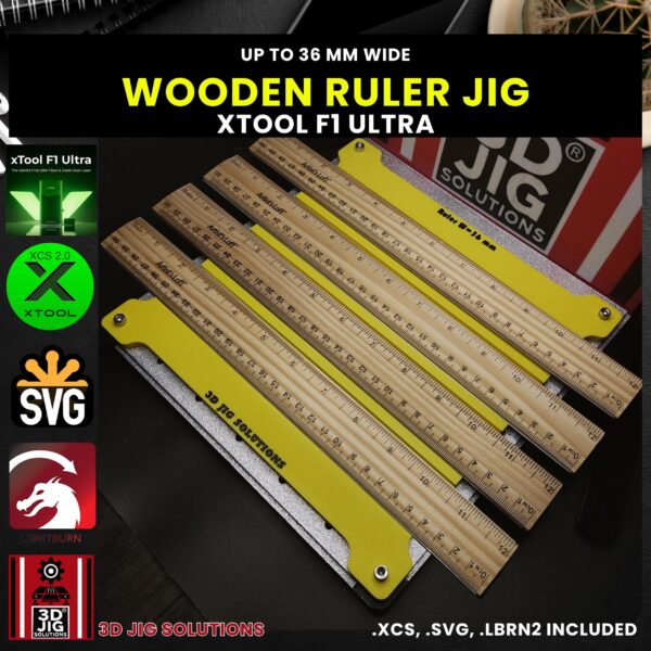 xTool F1 Ultra laser jig securely holding several wood school rulers with an xTool F1 Ultra laser nearby.