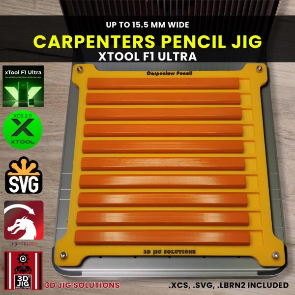 xTool F1 Ultra laser jig securely holding wide carpenter pencils with an xTool F1 Ultra laser nearby.