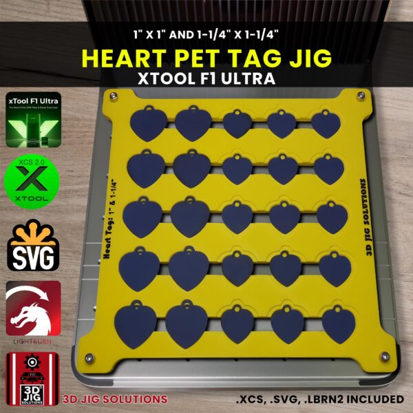 xTool F1 Ultra laser jig securely holding heart-shaped pet tags with an xTool F1 Ultra laser nearby.
