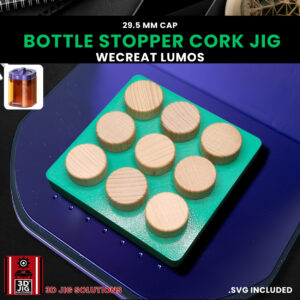 A top-down view of the WeCreat Lumos wine cork jig holding several wine bottle stoppers.