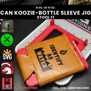 A top-down view of the xTool F1 can koozie jig holding a blank leatherette bottle sleeve.