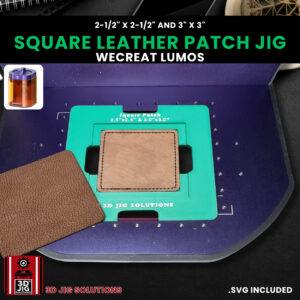 A top-down view of the WeCreat Lumos hat patch jig holding both 2.5-inch and 3-inch square leatherette patches.