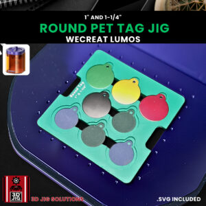 A top-down view of the WeCreat Lumos pet tag jig holding several round aluminum pet tags.