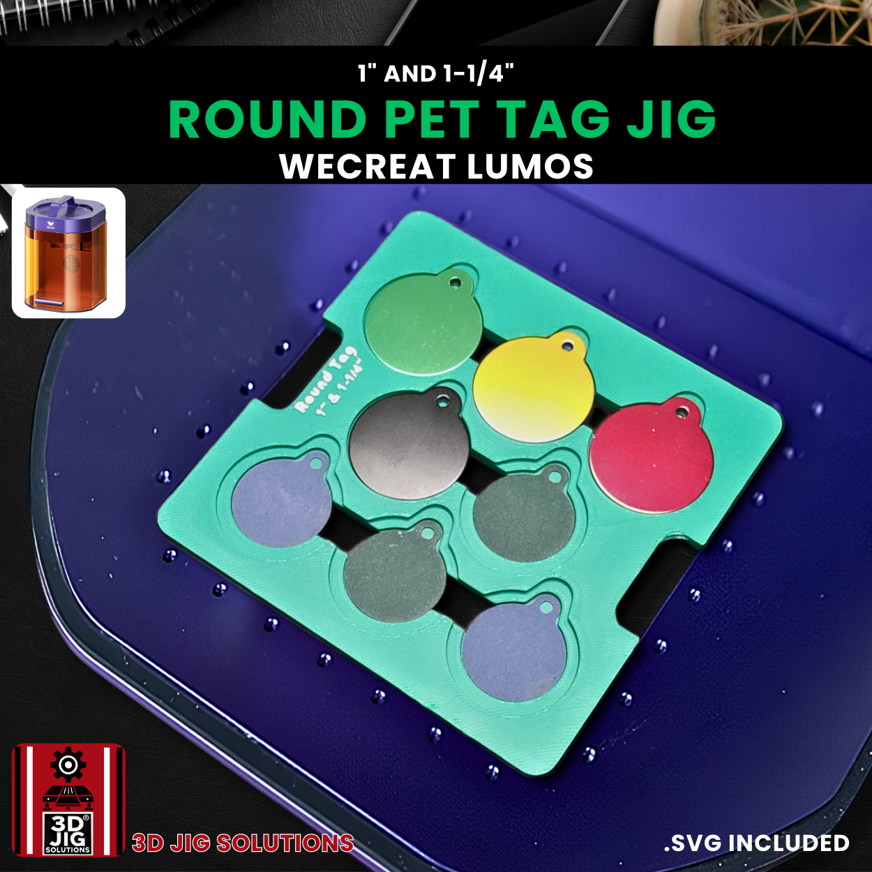 A top-down view of the WeCreat Lumos pet tag jig holding several round aluminum pet tags.