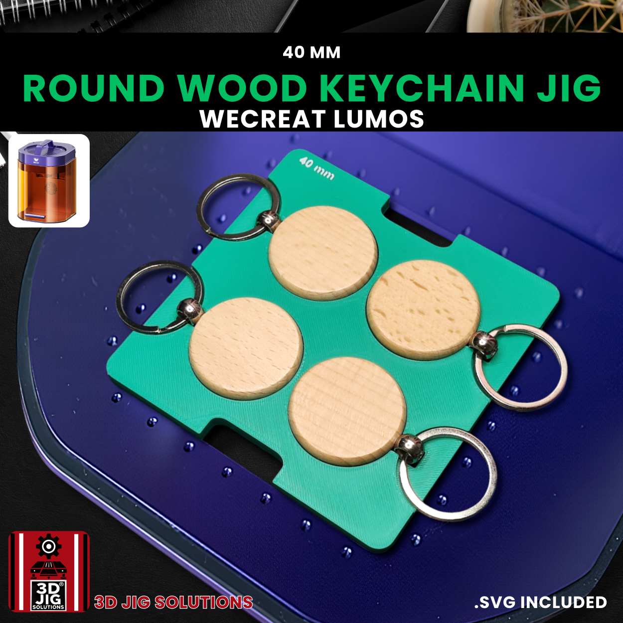 A top-down view of the WeCreat Lumos round keychain jig holding four 40mm bamboo keychains.