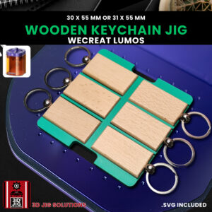 A top-down view of the WeCreat Lumos rectangle keychain jig holding six rectangle wood keychains.