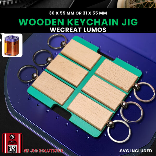 A top-down view of the WeCreat Lumos rectangle keychain jig holding six rectangle wood keychains.
