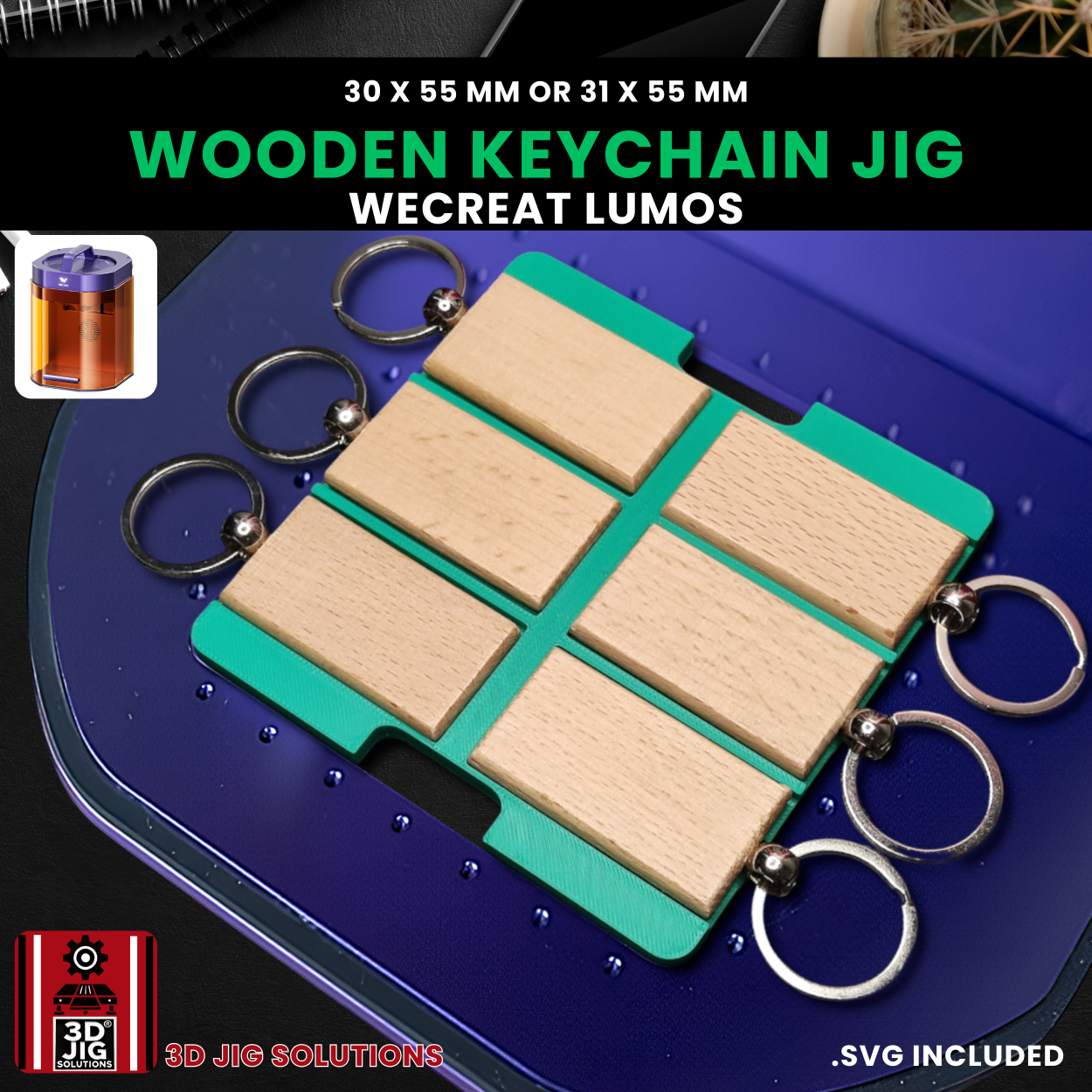 A top-down view of the WeCreat Lumos rectangle keychain jig holding six rectangle wood keychains.