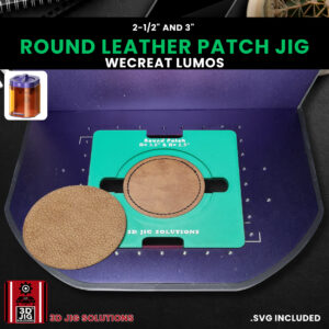 A top-down view of the WeCreat Lumos round hat patch jig holding both 2.5-inch and 3-inch round leatherette patches.