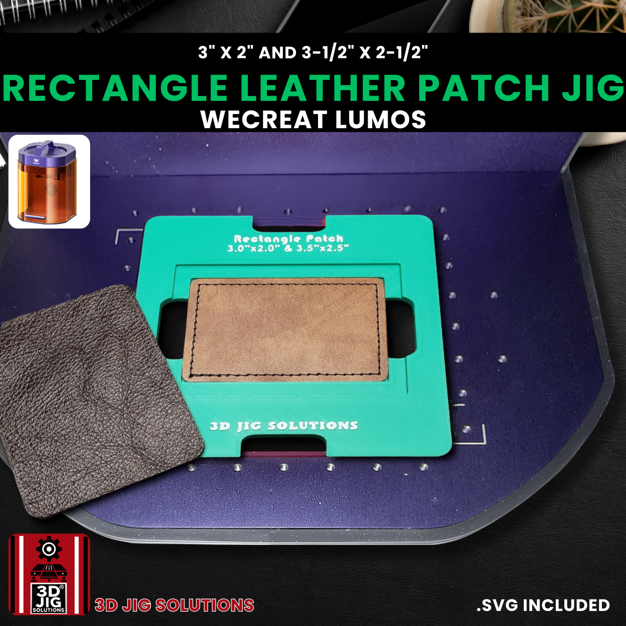 A top-down view of the WeCreat Lumos rectangle hat patch jig holding both 3-inch and 3.5-inch patches.